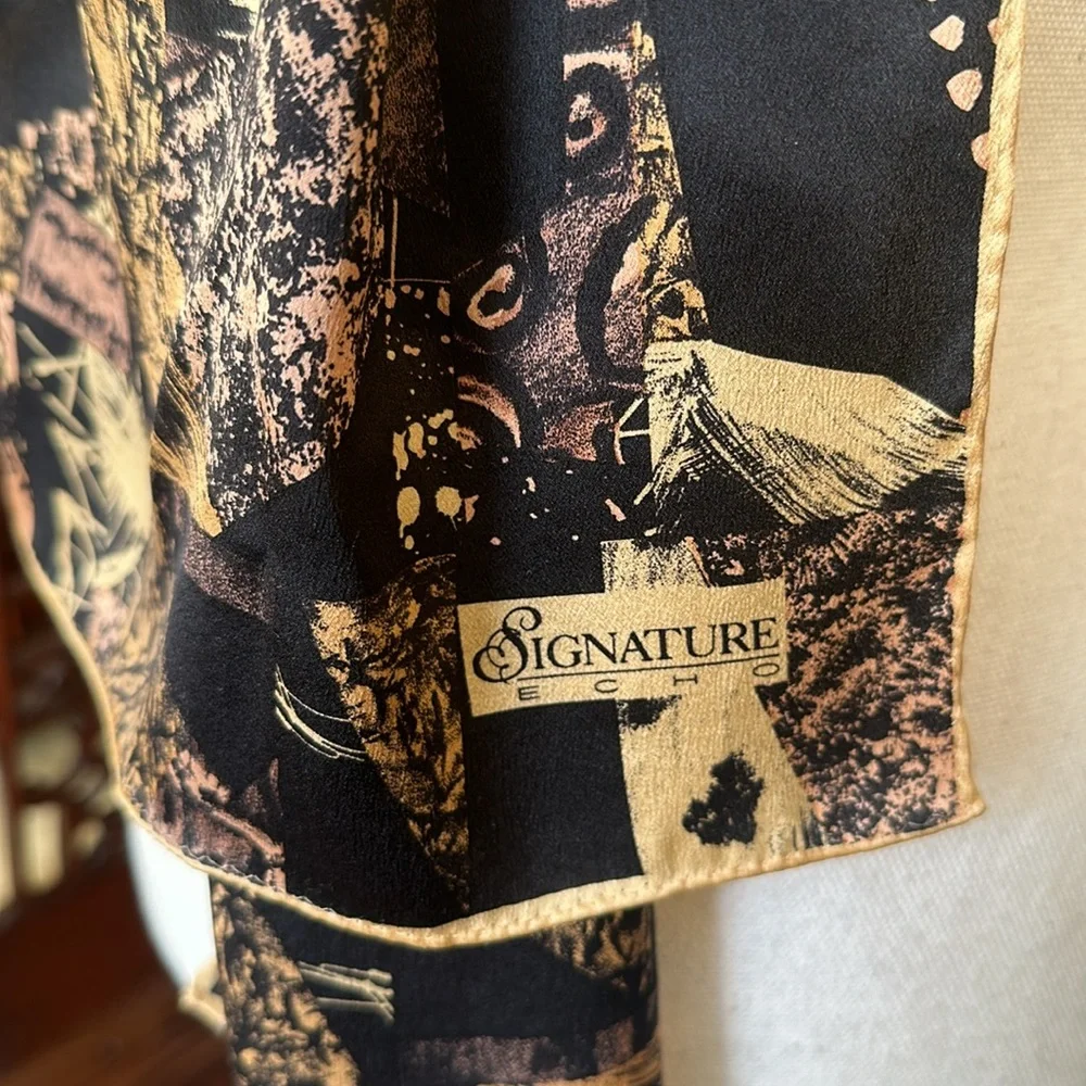 Vintage Echo Signature Black Gold 100% Silk Oblong Scarf Made in Japan